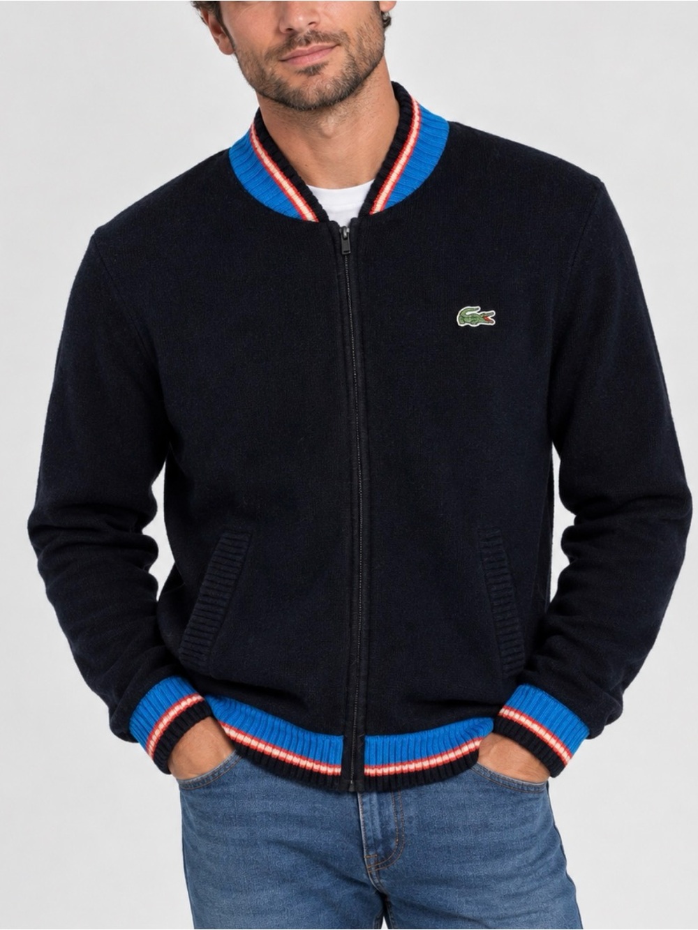 Lacoste wool black Bomber Jacket with Blue and Red Trim